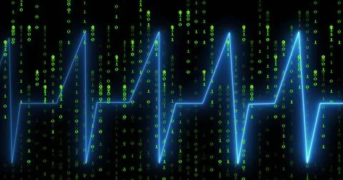 Displaying electric-blue ECG-like waveform coursing through data stream, with Stock Illustration