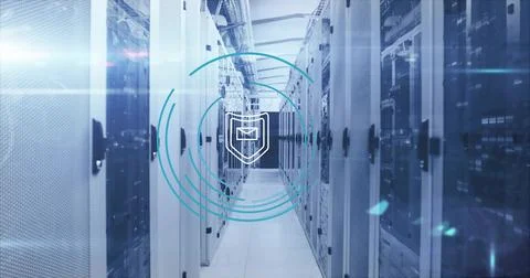 Displaying email shield icon floating in data center corridor, with server racks Stock Photos