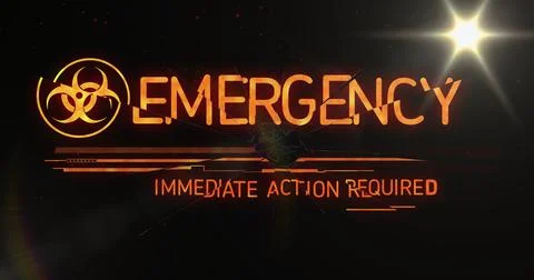 Displaying emergency graphic on screen showing EMERGENCY headline biohazard Stock Illustration