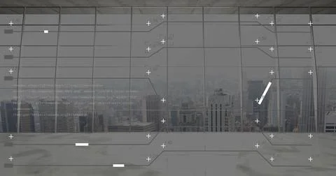 Displaying empty office interior with tiled floor and windows in high-rise deck, Stock Photos