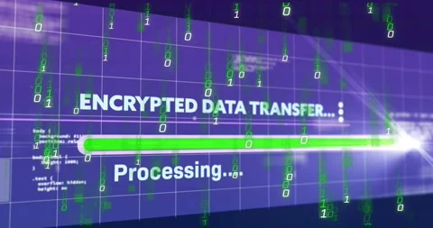 Displaying ENCRYPTED DATA headline, animating transfer panel on purple grid, Stock Footage 331126074