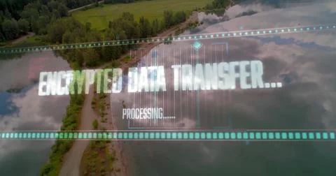 Displaying encrypted data transfer interface overlaying aerial forest shore view 写真素材