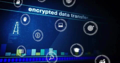 Displaying encrypted data transfer on interface, with circular icons, bar cha Stock Photos