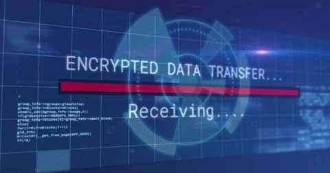 Displaying encrypted data transfer receiving text and red progress bar on blu 写真素材