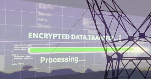 Displaying encrypted data transfer screen over dusk hills with progress bar, 写真素材