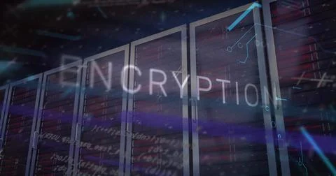 Displaying encryption graphics over core server racks in server room, Stock Photos