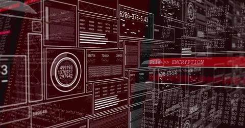 Displaying encryption interface in cyber space, with code blocks and Stockfoto's