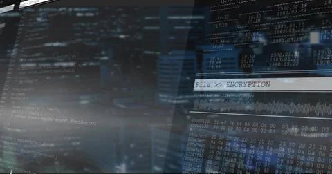 Displaying encryption interface with scrolling script and hex dump over blurred 스톡 사진