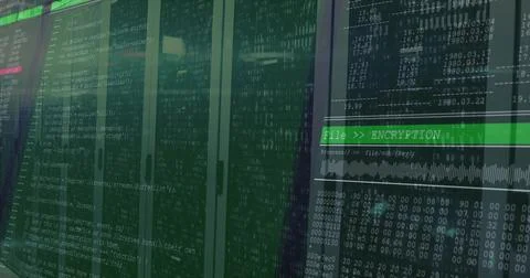 Displaying encryption interface window at server aisle, with cabinets and cod Stock Illustration