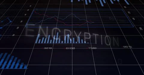 Displaying ENCRYPTION overlay on 3D grid floor at virtual dashboard, with bar Stock Photos
