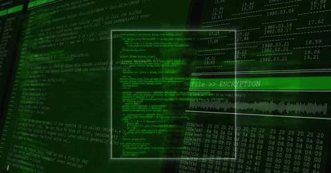 Displaying encryption screen on dashboard, showing code windows header panel hex Stock Photos