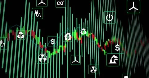 Displaying energy dashboard on black interface, with green bars, candlestick  스톡 일러스트