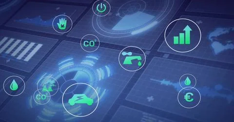 Displaying energy dashboard on control panel with glowing central HUD, grid Stock Illustration