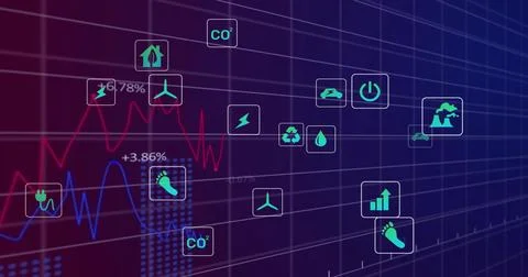 Displaying energy dashboard on virtual grid, showing red or blue line graphs, Stock Illustration