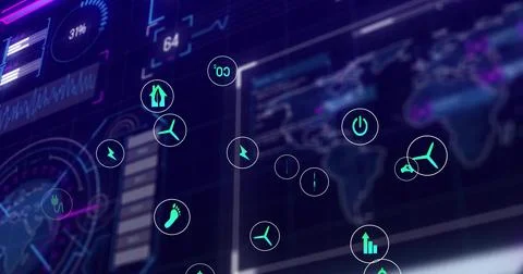 Displaying energy data interface at control station, with world map, charts,  Foto stock
