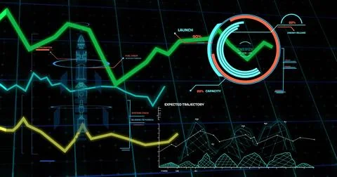 Displaying energy gauge tracking data on control console, with line graphs, Stock Illustration