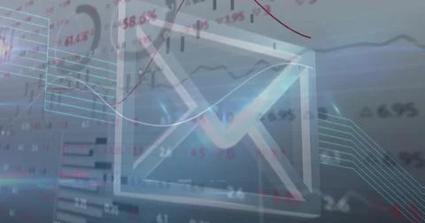 Displaying envelope icon hovering over data dashboard, with red and blue lines, Illustrazione stock