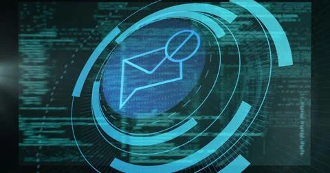 Displaying envelope icon rotating within HUD rings on monitoring dashboard, Foto stock