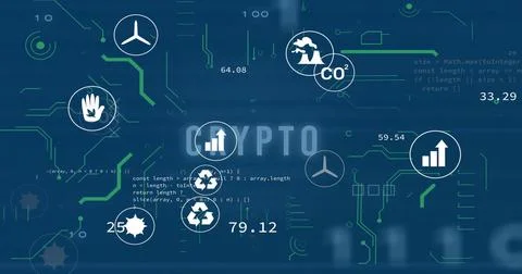Displaying environmental crypto metrics in dashboard UI, with wind turbine and Stockillustratie