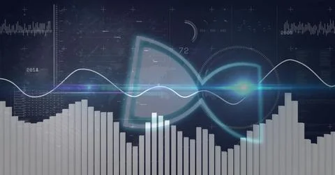 Displaying equalizer bars with glowing semi-circular UI streaming waveform over Stock Illustration