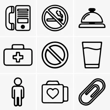 Displaying essential everyday black line icons in a organized grid format aga Illustration