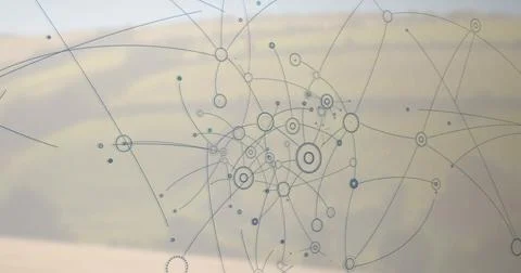 Displaying etched network decal covering glass pane from rural hill view, Stock Photos
