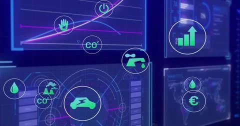 Displaying EV icon glowing in circular HUD on data dashboard, with charts, CO2, Illustrazione stock