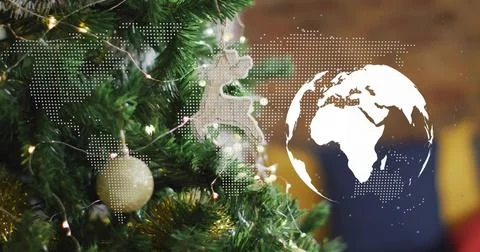 Displaying evergreen branch, bauble, micro LED lights, map overlay and globe in Stock Photos