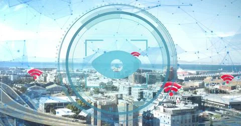 Displaying eye icon in concentric circles hovering over coastal city, with mesh Stock Photos