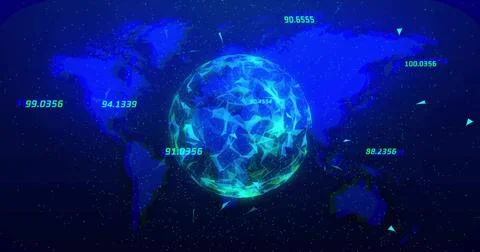 Displaying faceted polygon globe rotating in virtual 3D data visualization, w Illustrazione stock