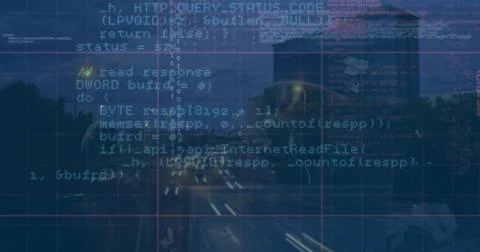 Displaying faint code text overlay across night highway, reflecting coats in 스톡 사진
