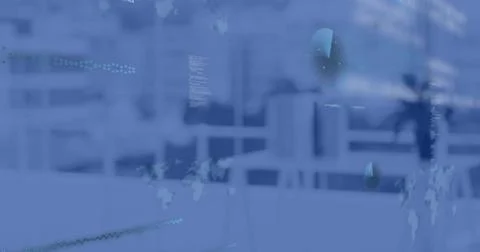 Displaying faint digital data overlay dominating open-plan office, with world Stock Photos