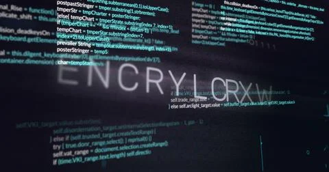 Displaying faint ENCRYPTION text while code scrolling on computer monitor, Stock Illustration