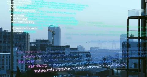 Displaying faint programming code overlay over midrise rooftops and cranes from 스톡 일러스트