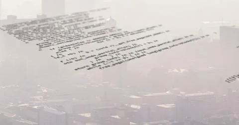 Displaying faint source code overlay across urban center, revealing hazy 스톡 사진