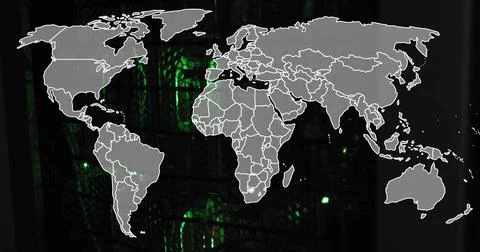 Displaying faint world map overlay covering datacenter rack, with switches, c 스톡 일러스트