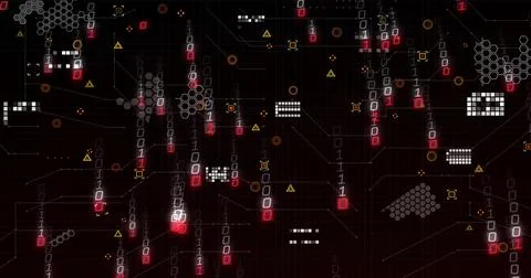 Displaying falling 1s and 0s across virtual interface, with hexagon clusters and Stock Photos