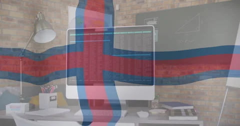 Displaying Faroese flag, computer screen showing code in home office setup Stock Footage 303586852