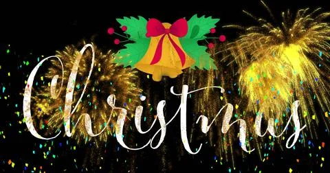 Displaying festive design glowing in dark sky, with bells, holly, fireworks and Illustrazione stock