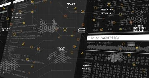 Displaying File  ENCRYPTION interface on console with UI and data flows, Stockfoto's