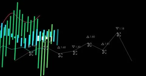 Displaying finance chart on black screen, showing green-cyan bars, red-cyan Stock Illustration