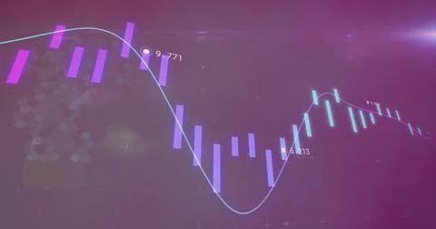 Displaying finance chart on digital display, showing candles, cyan trend line Stock Illustration