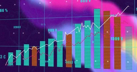 Displaying finance chart on screen, teal-orange bars with magenta and white イラスト素材