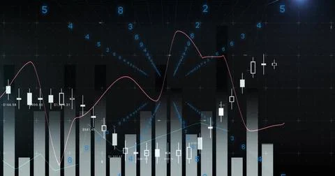 Displaying finance chart on trading screen, with bar graphs, candlesticks, Stock Photos
