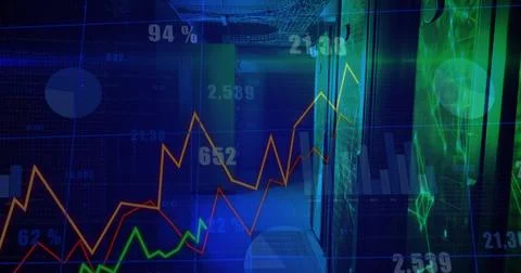 Displaying finance dashboard centered in server room, with server racks, gree Stock Illustration