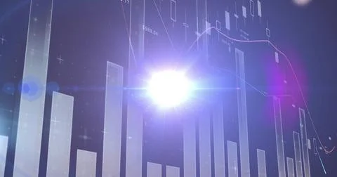 Displaying finance dashboard on dark gradient, glowing lens flare, 3D bars, c Stock Illustration