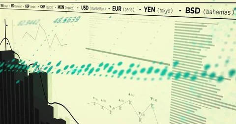 Displaying finance dashboard on office screen showing teal dotted band, dark bar Illustrazione stock