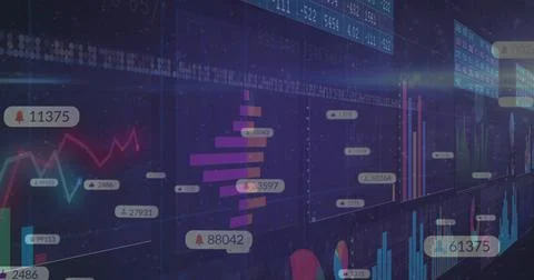 Displaying finance dashboard spanning data wall, with magenta cyan orange charts Stockillustratie