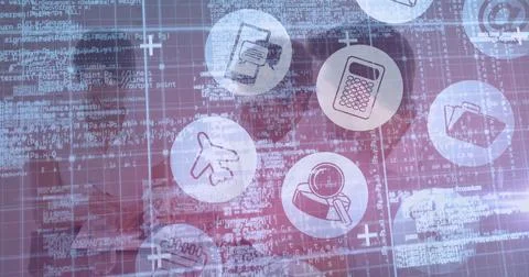 Displaying finance icons in code interface with calculator plane magnifier Foto stock