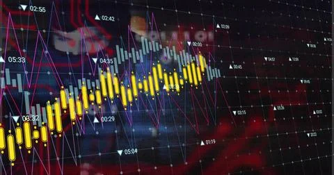 Displaying finance visualization plotting yellow candle markers on large screen, Stock Photos